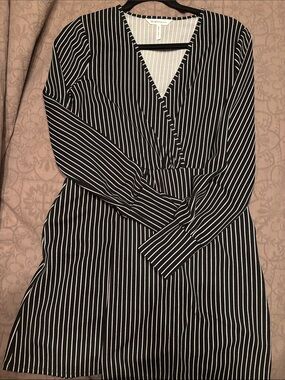 BCBGeneration Black and White Vertical Stripe Long-Sleeve Wrap Dress